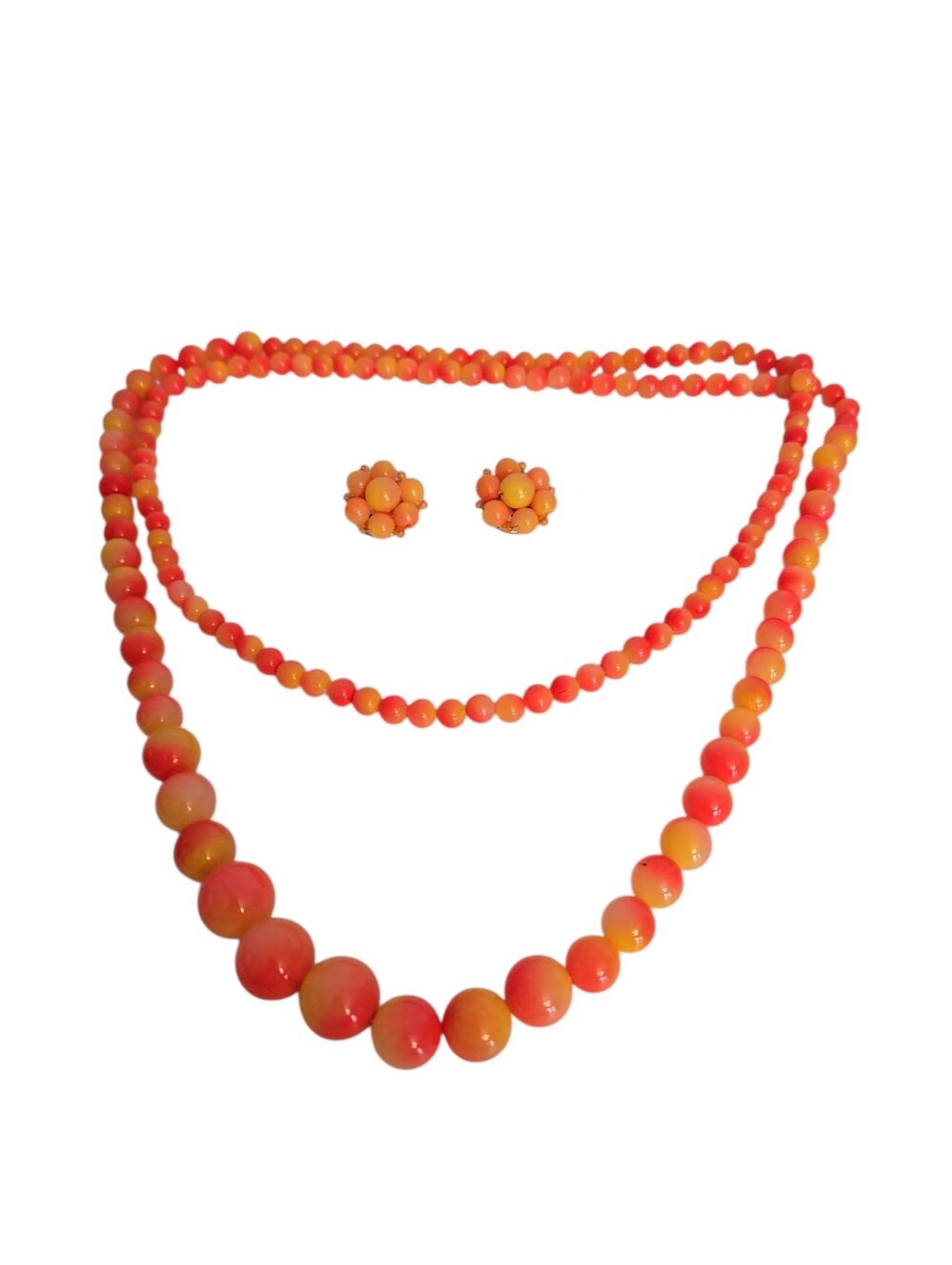 Vintage Orange Yellow Lucite? Beaded Necklace  with Matching Clip On Earrings
